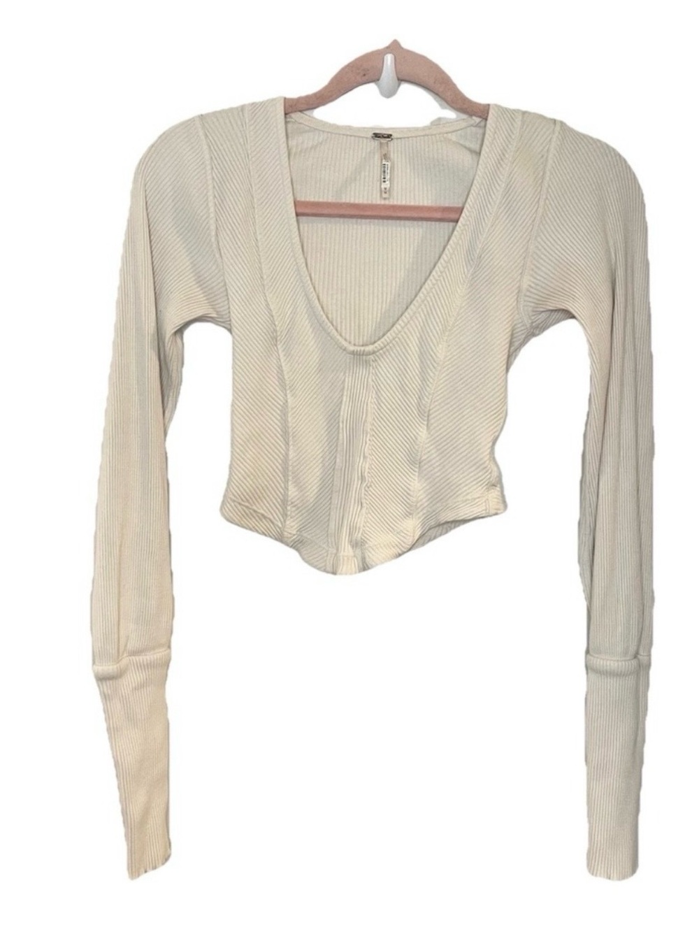 Free People Petra Sweetheart Rib Knit Top Cream Long Sleeve Stretch Crop Size M